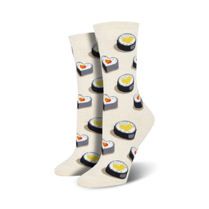 white crew socks with a pattern of heart-shaped salmon, cream cheese, and black seaweed sushi rolls for women.   