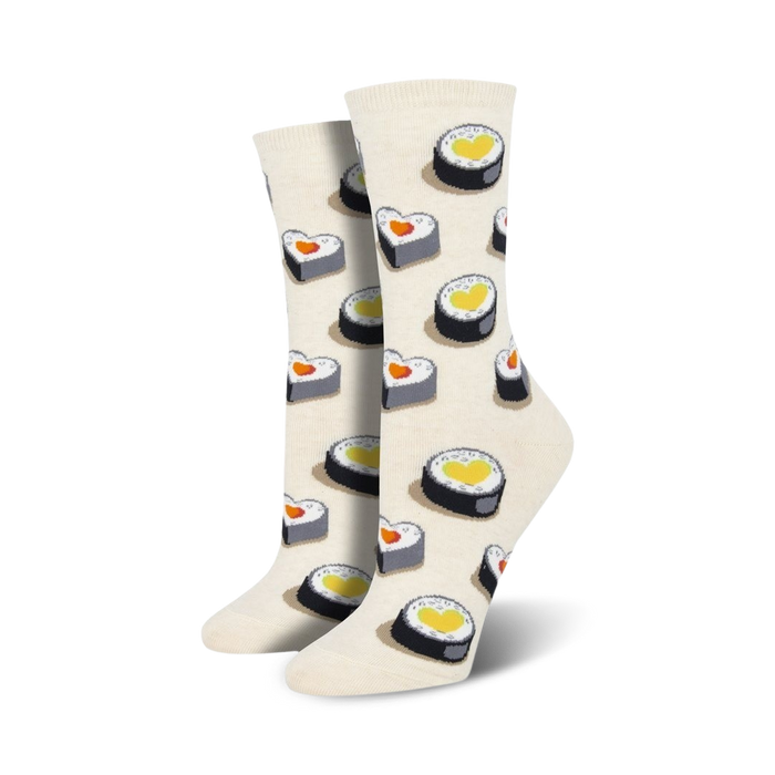 white crew socks with a pattern of heart-shaped salmon, cream cheese, and black seaweed sushi rolls for women.   