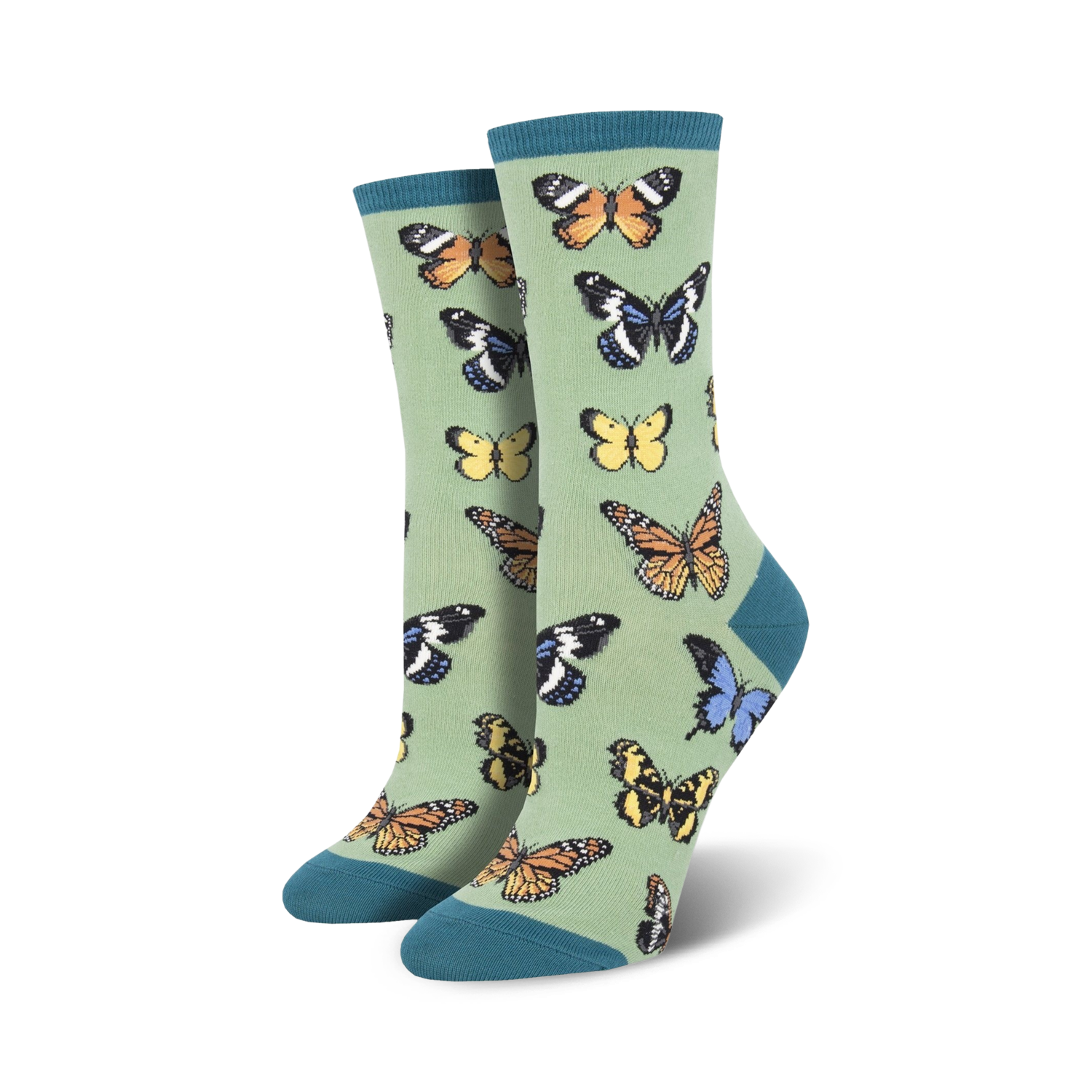 Pair of women's crew socks in sage green with a colorful butterfly pattern. 