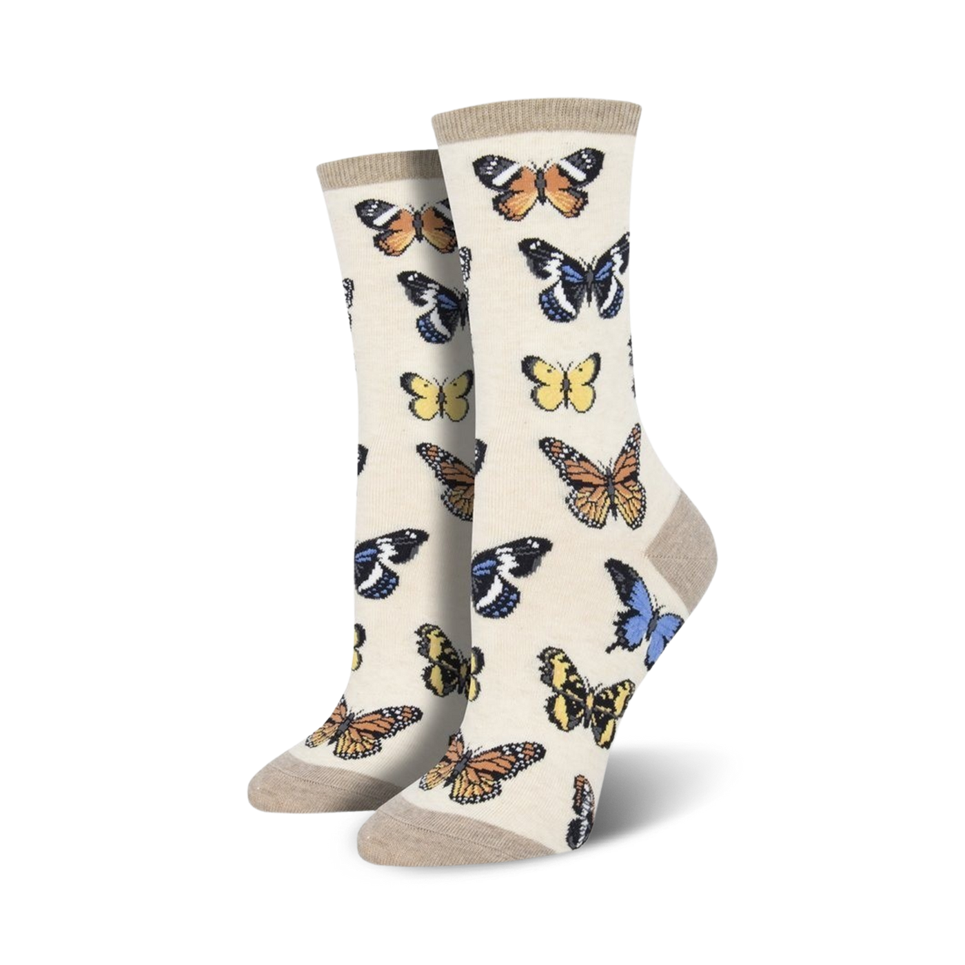 Close-up of women's crew socks in beige featuring a butterfly pattern. 