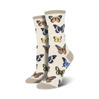 Close-up of women's crew socks in beige featuring a butterfly pattern. 