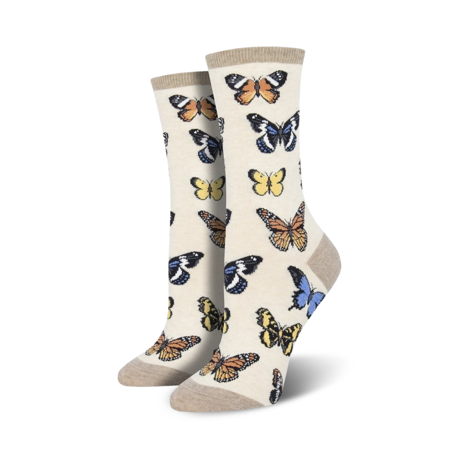 Close-up of women's crew socks in beige featuring a butterfly pattern. 
