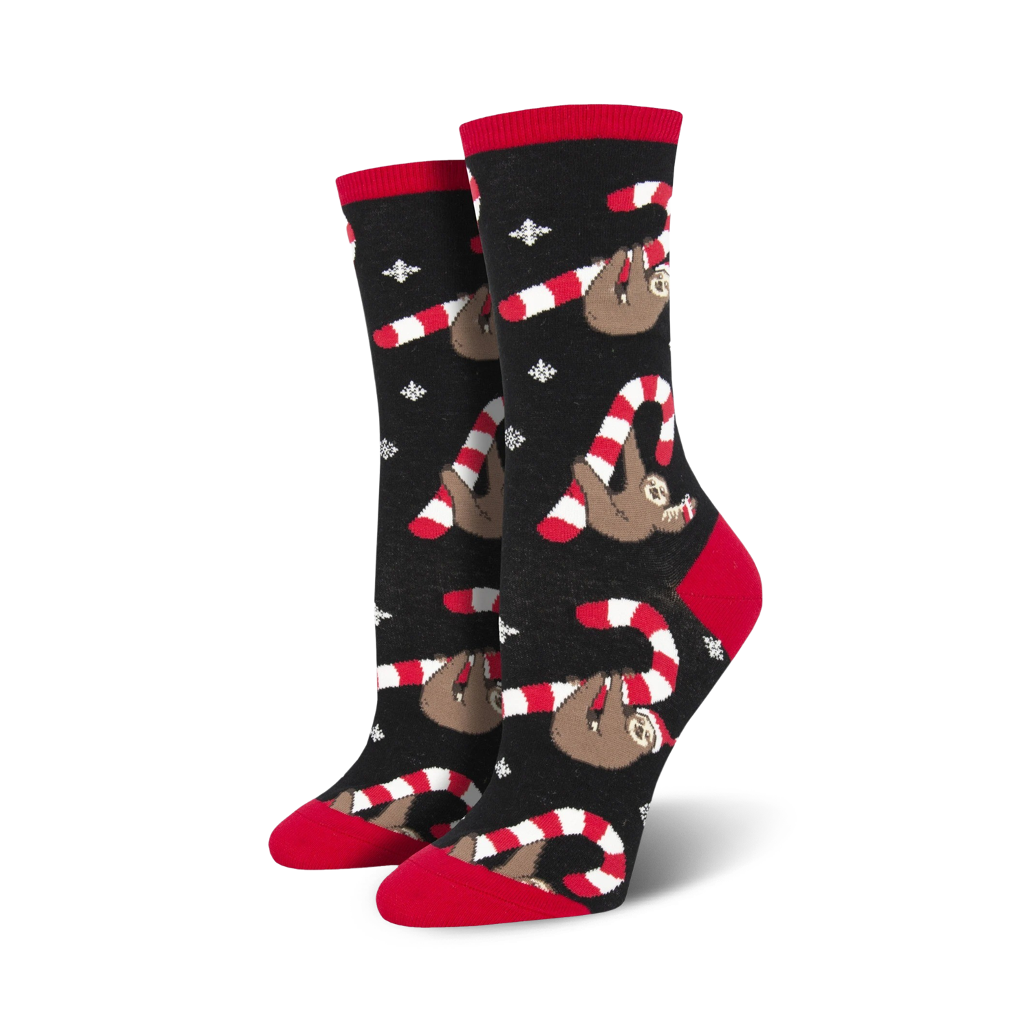 Pair of women's crew socks. Black background with red and white candy canes and brown sloths. Festive and fun!