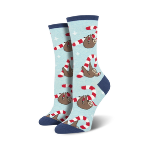  women's merry slothmas crew socks with blue and white sloths in santa hats.   