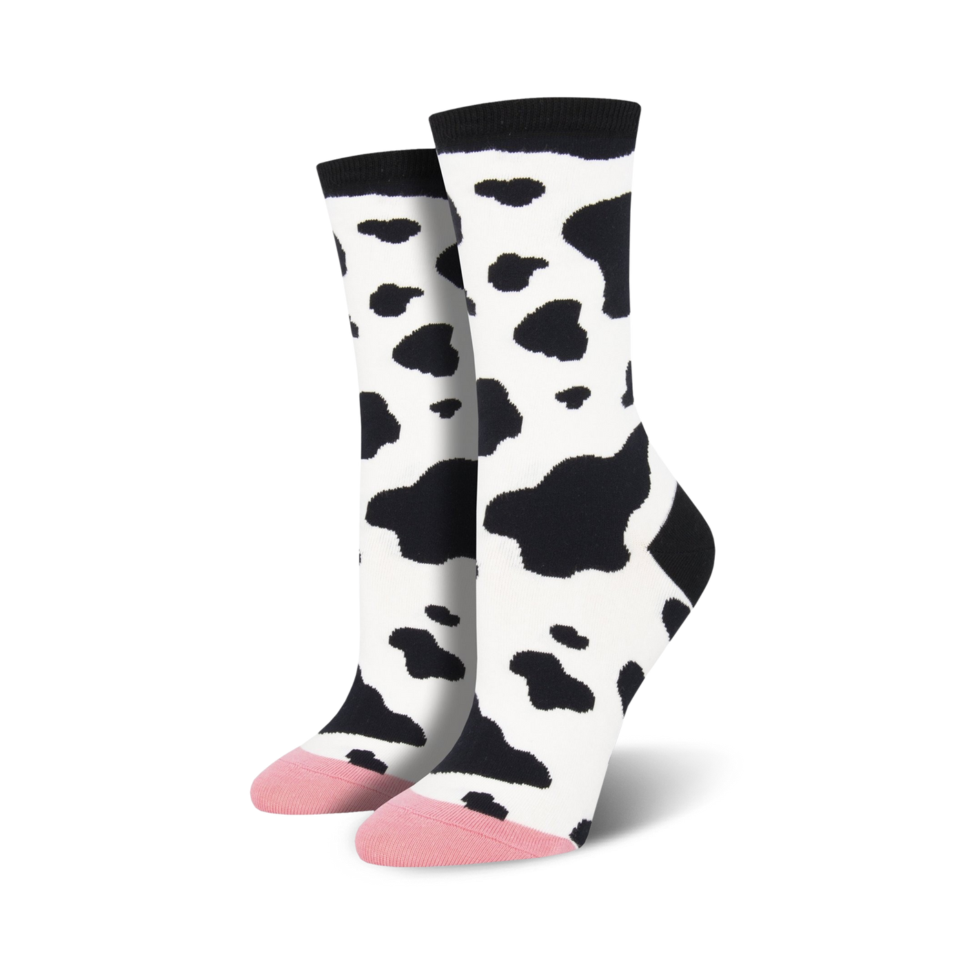 Pair of women's crew socks in a black and white cow print.  The toes are a light pink color.