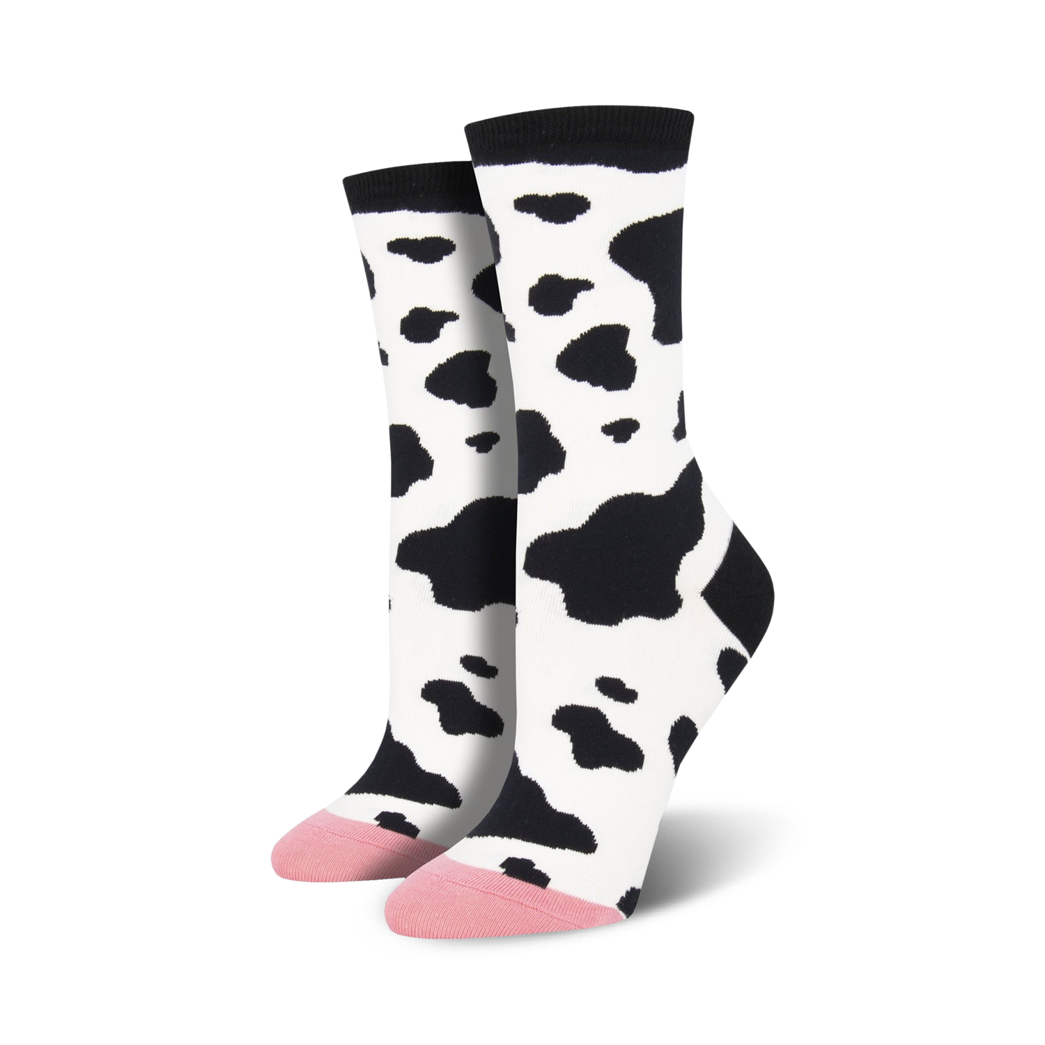 Pair of women's crew socks in a black and white cow print.  The toes are a light pink color.