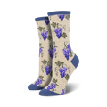 Pair of cream crew socks with purple grapes and vines.  Features a navy blue cuff.