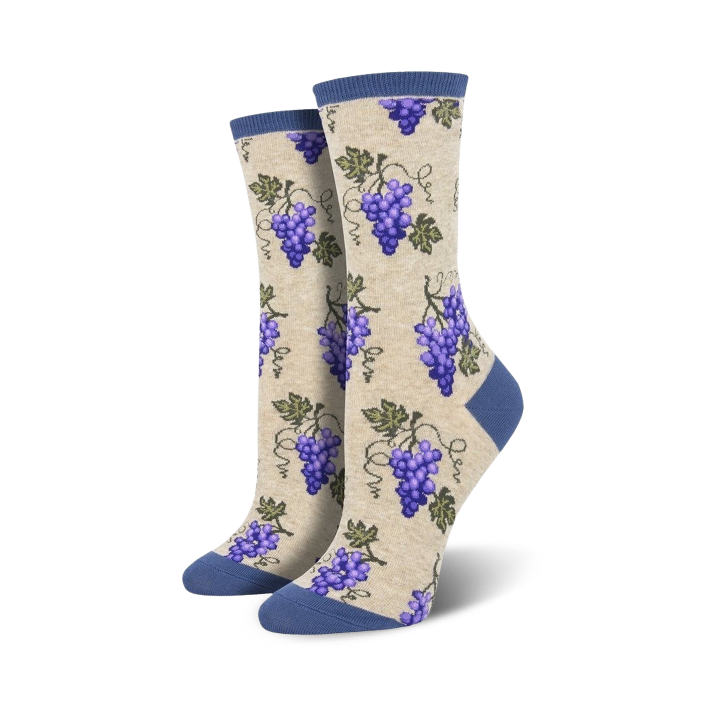 Pair of cream crew socks with purple grapes and vines.  Features a navy blue cuff.