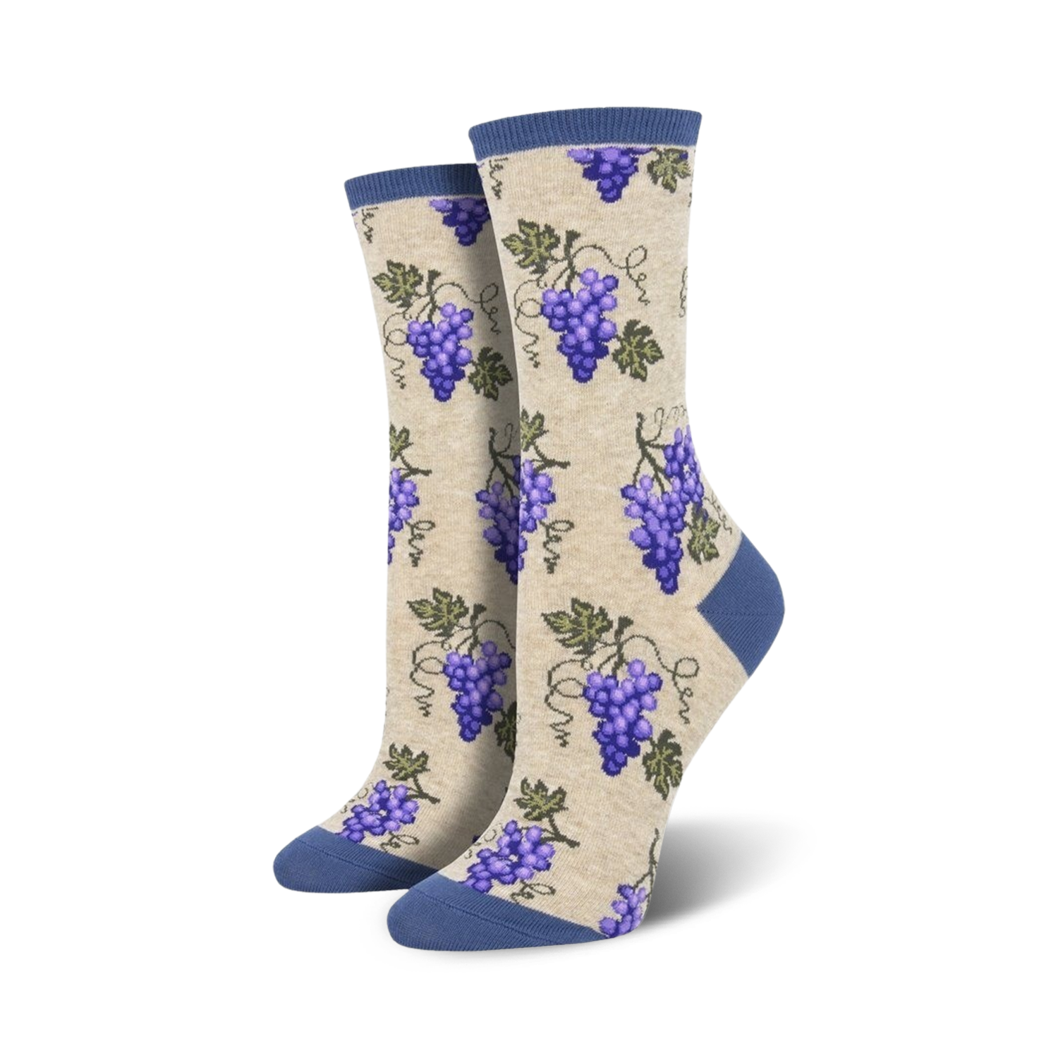 Pair of cream crew socks with purple grapes and vines.  Features a navy blue cuff.
