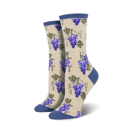 women's crew socks with grape vines, purple grapes, green leaves, and a dark blue top.   