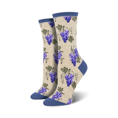 women's crew socks with grape vines, purple grapes, green leaves, and a dark blue top.   