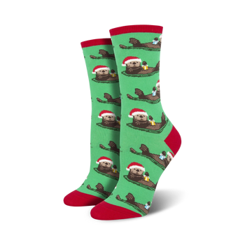 otterly merry christmas themed womens green novelty crew socks