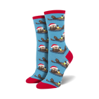 Lifestyle shot showing the blue 'Otterly Merry' socks on a model's feet.