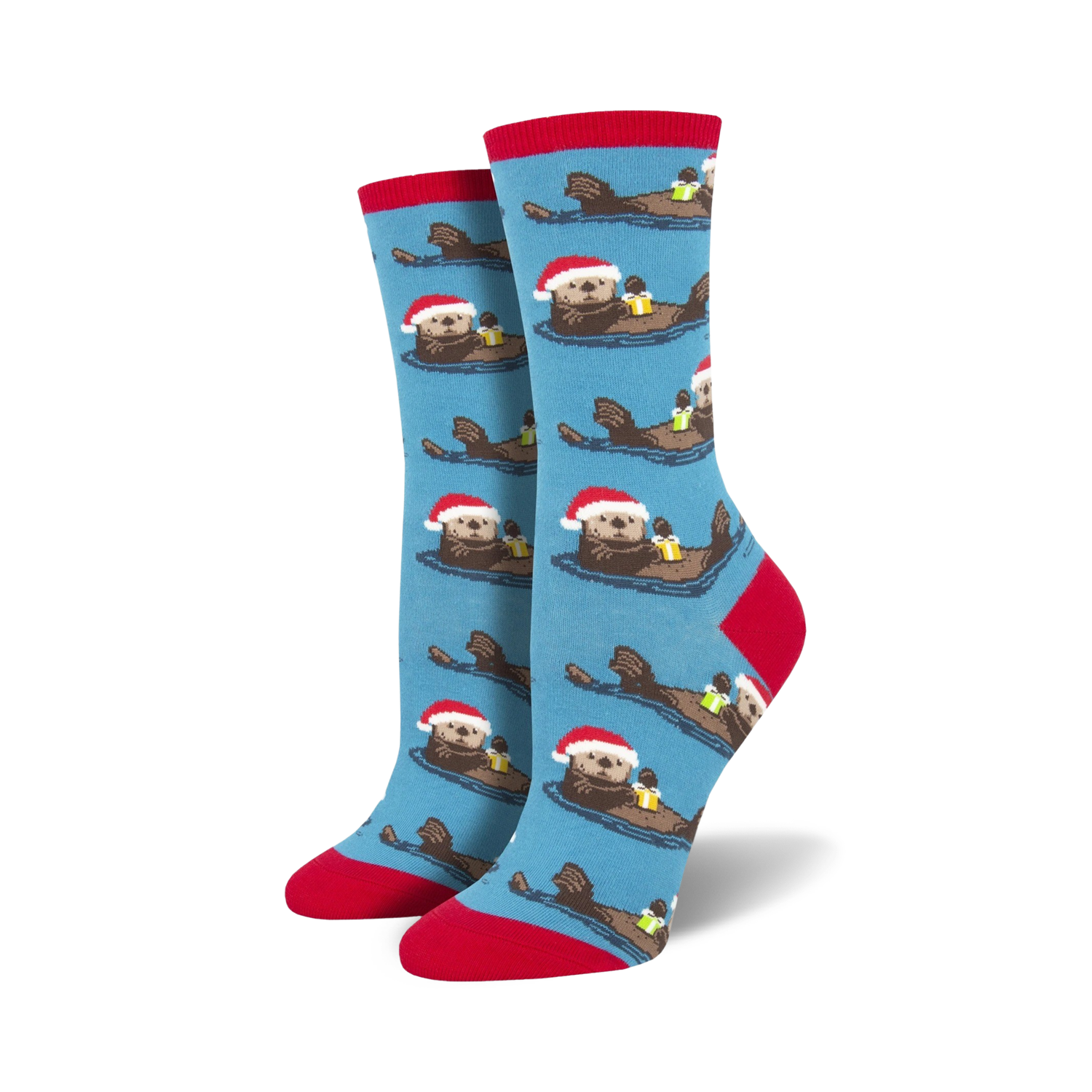Lifestyle shot showing the blue 'Otterly Merry' socks on a model's feet.