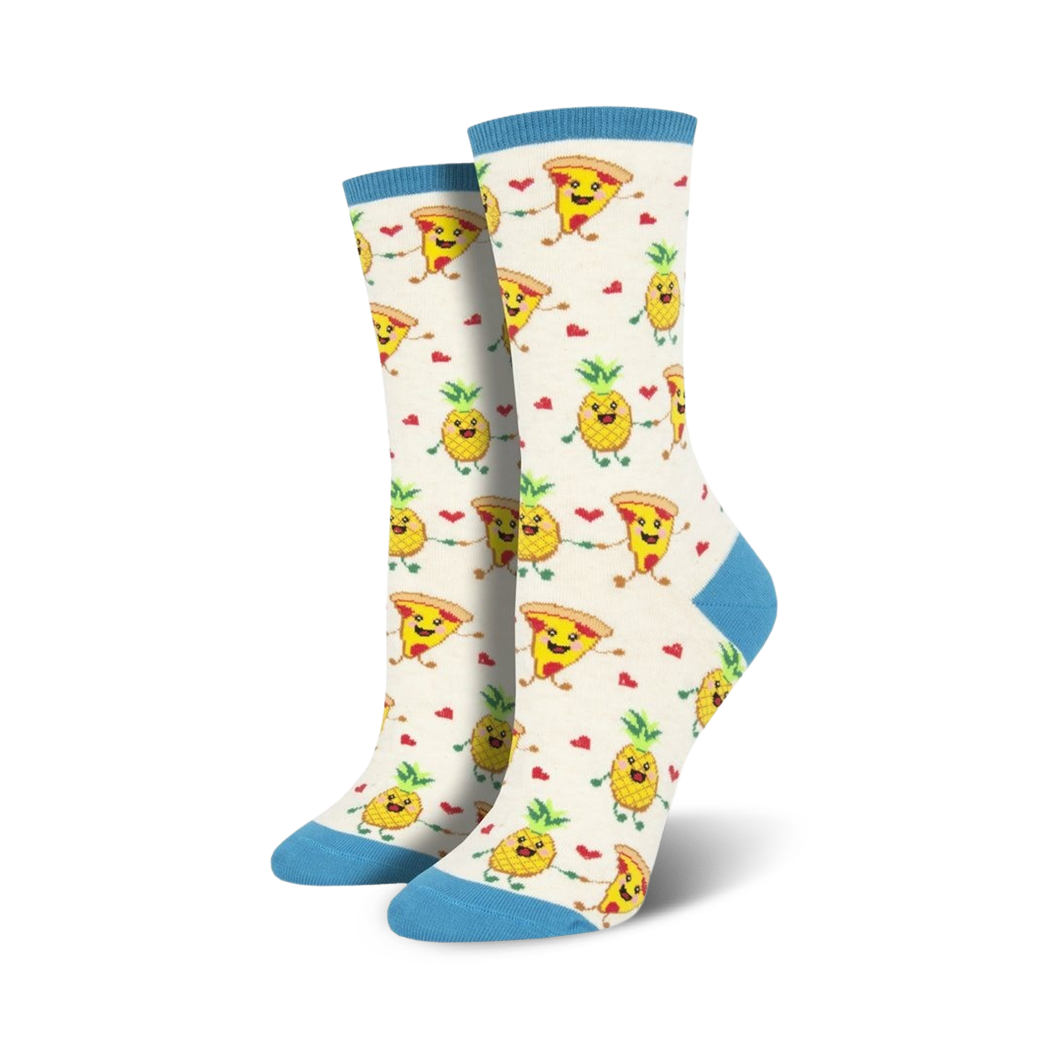 Crew socks in white with light blue cuffs, featuring a whimsical print of cartoon pizza and pineapple slices holding hands and surrounded by small red hearts.