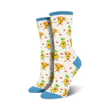 women's crew length socks feature cartoon print of pineapple and pizza holding hands with red heart shapes between them.  