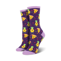 A pair of purple crew socks with the same pizza and pineapple design, shown against a white background.