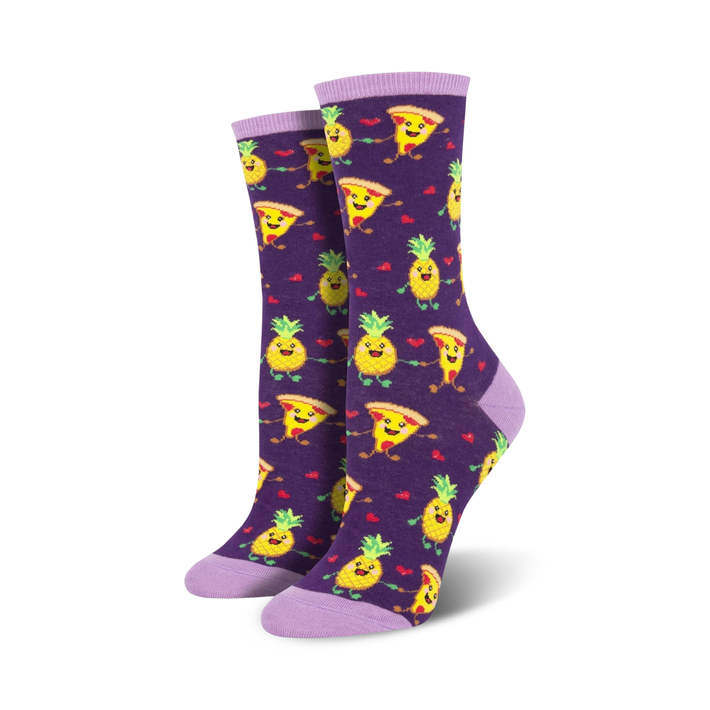 A pair of purple crew socks with the same pizza and pineapple design, shown against a white background.