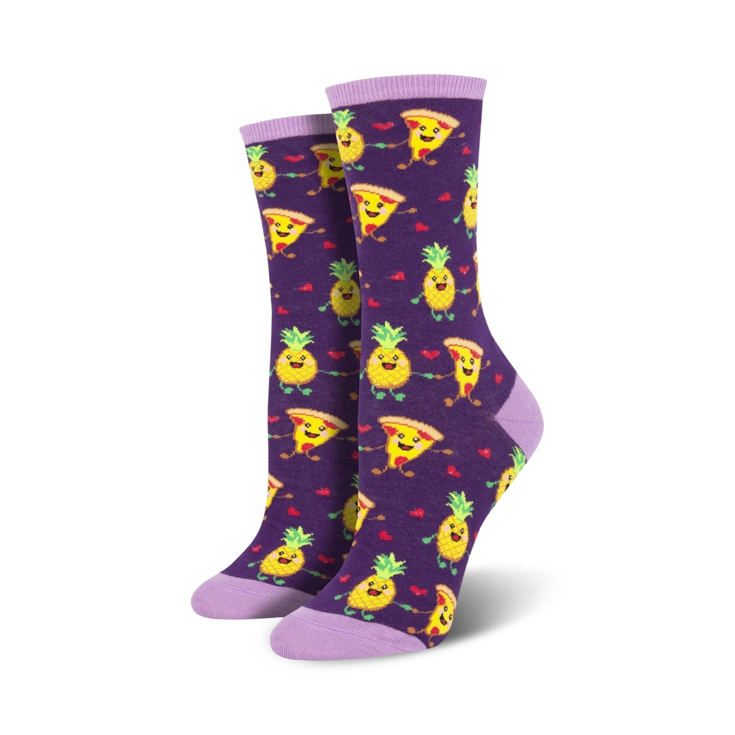 A pair of purple crew socks with the same pizza and pineapple design, shown against a white background.