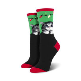 black crew socks with green cuffs and red toes/heels feature gray cat with white paws and pink nose peering through a hole in the fabric.  
