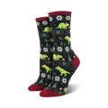 Crew socks in black and green featuring a Fair Isle pattern with T-Rex dinosaurs wearing Santa hats.