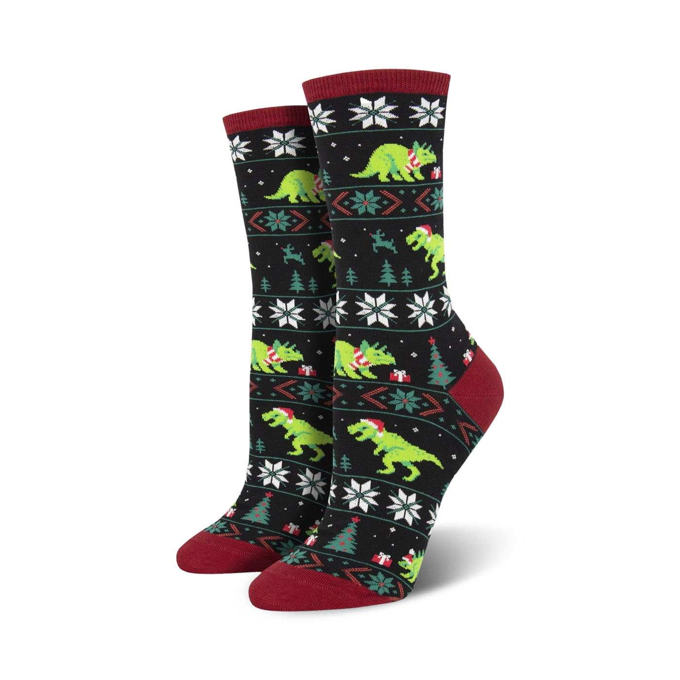 Crew socks in black and green featuring a Fair Isle pattern with T-Rex dinosaurs wearing Santa hats.