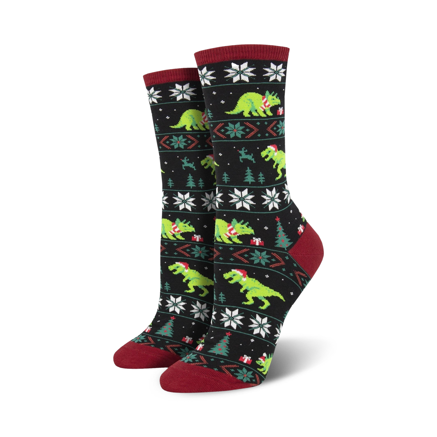 Crew socks in black and green featuring a Fair Isle pattern with T-Rex dinosaurs wearing Santa hats.