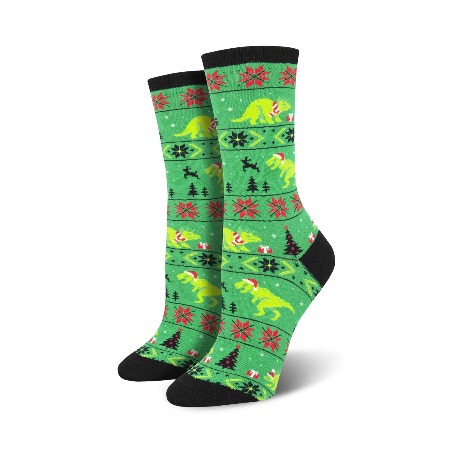 Lifestyle shot of Santasaurus Rex socks on a model's feet.