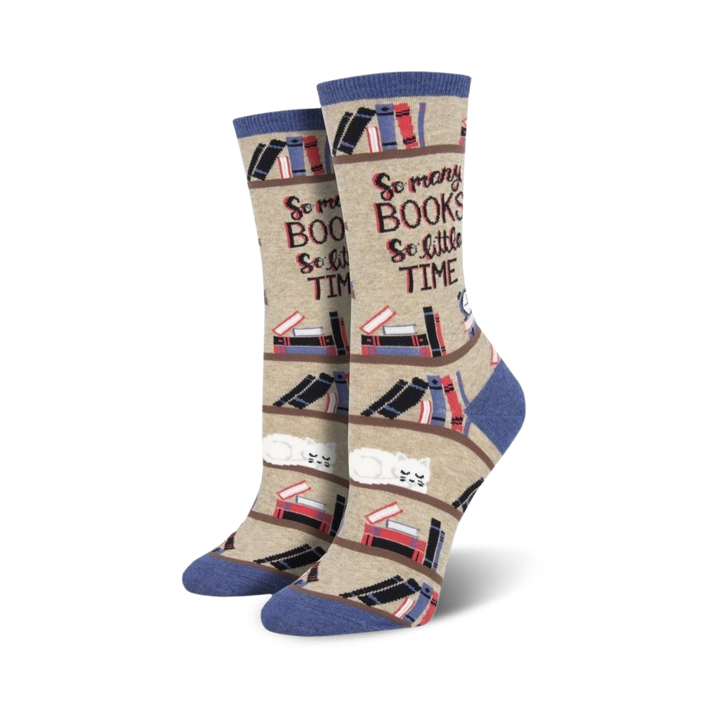 Cream and blue crew socks with a bookshelf design, stacks of books, and a cute cat. Text reads, 'So many books, so little time.'