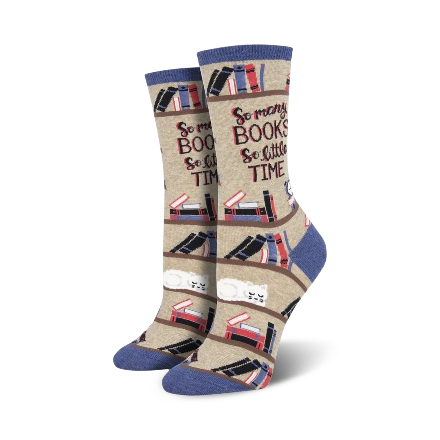 Cream and blue crew socks with a bookshelf design, stacks of books, and a cute cat. Text reads, 'So many books, so little time.'