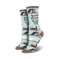 Lifestyle shot of a model's feet wearing the 'Time For A Good Book' socks.