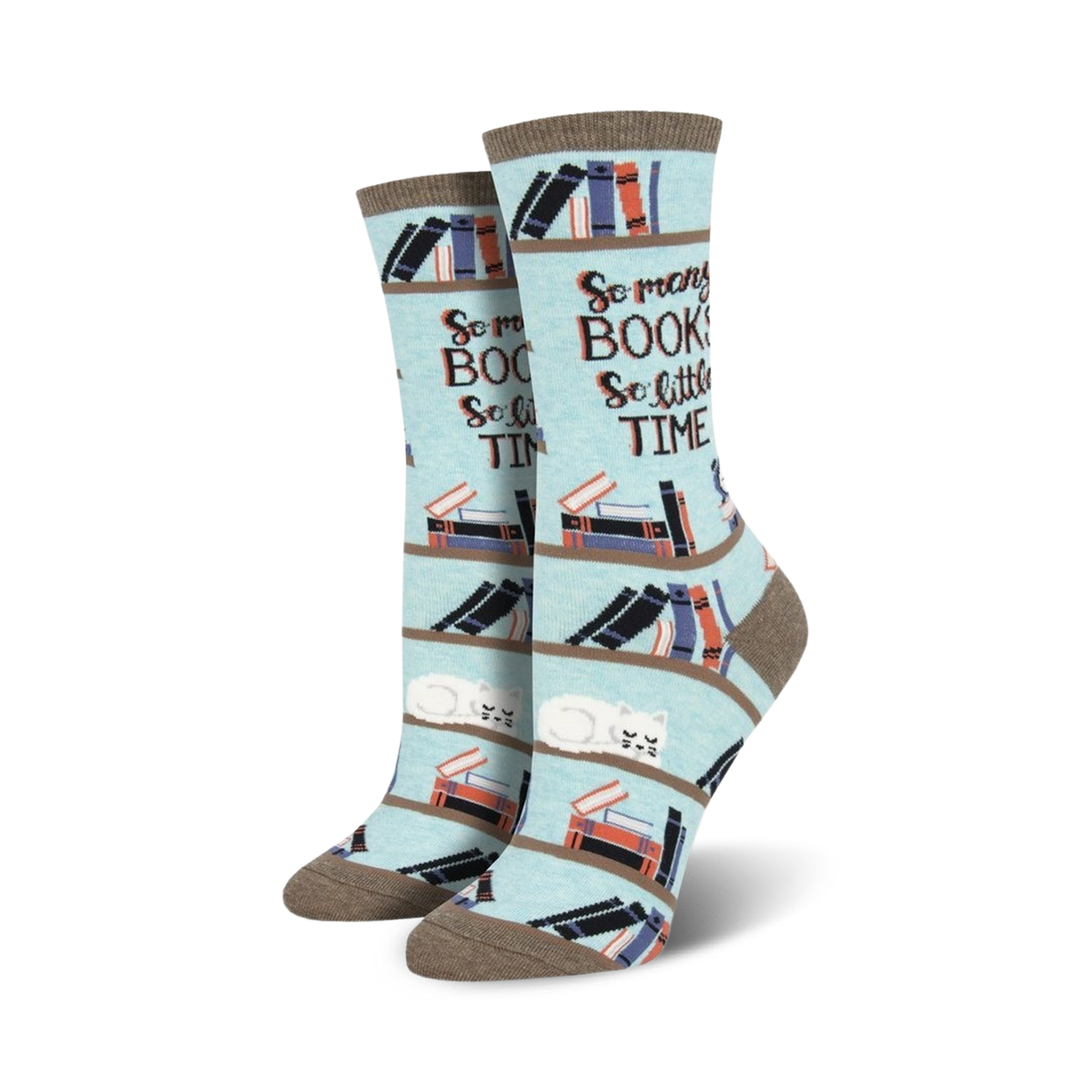 Lifestyle shot of a model's feet wearing the 'Time For A Good Book' socks.
