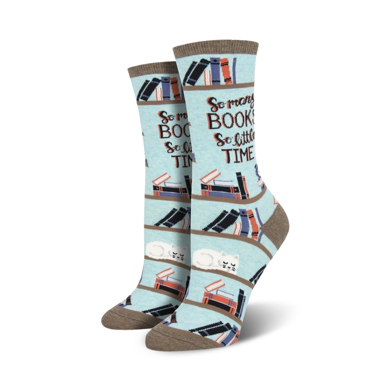 Lifestyle shot of a model's feet wearing the 'Time For A Good Book' socks.