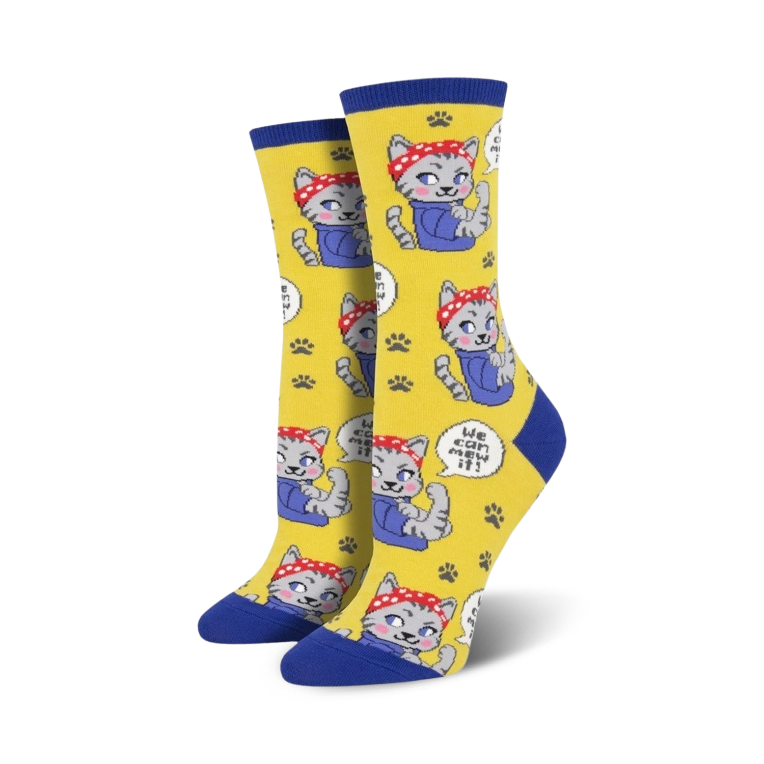Crew socks in yellow and blue featuring a pattern of grey cats wearing red bandanas and flexing their biceps, with the phrase 'We Can Mew It!' repeated.