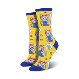 yellow socks with cartoon cats wearing red bandanas and the text "we can mew it!" in speech bubbles. blue toes and heels.   