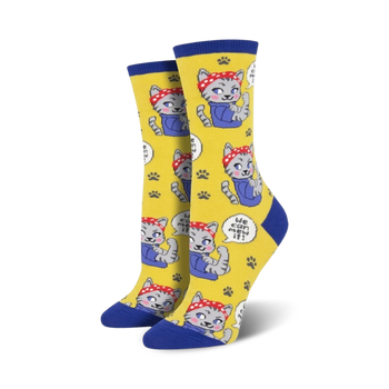 we can mew it cat themed womens yellow novelty crew socks
