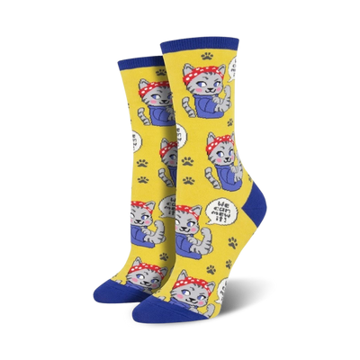 yellow socks with cartoon cats wearing red bandanas and the text "we can mew it!" in speech bubbles. blue toes and heels.   