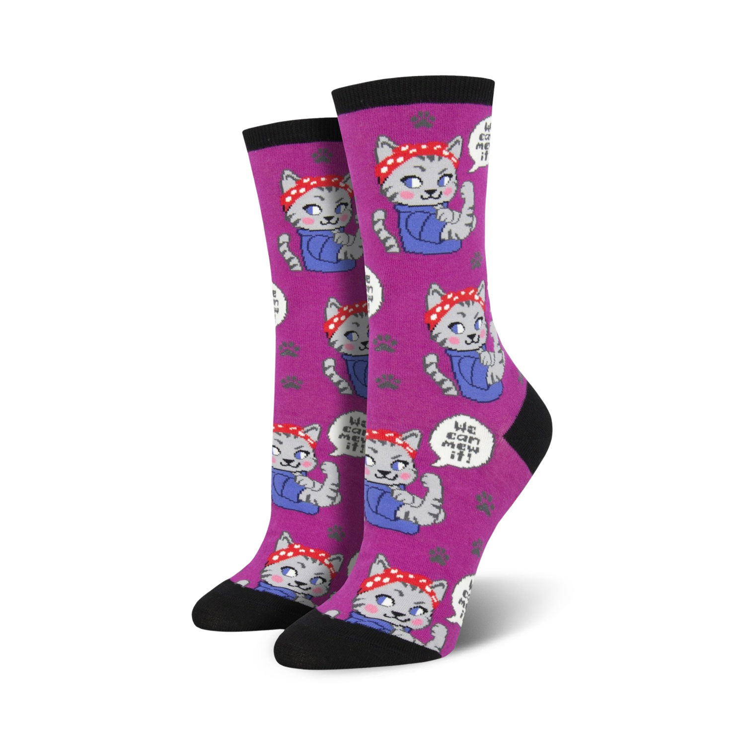 Lifestyle shot showing the purple version of the 'We Can Mew It' socks on a model's feet.