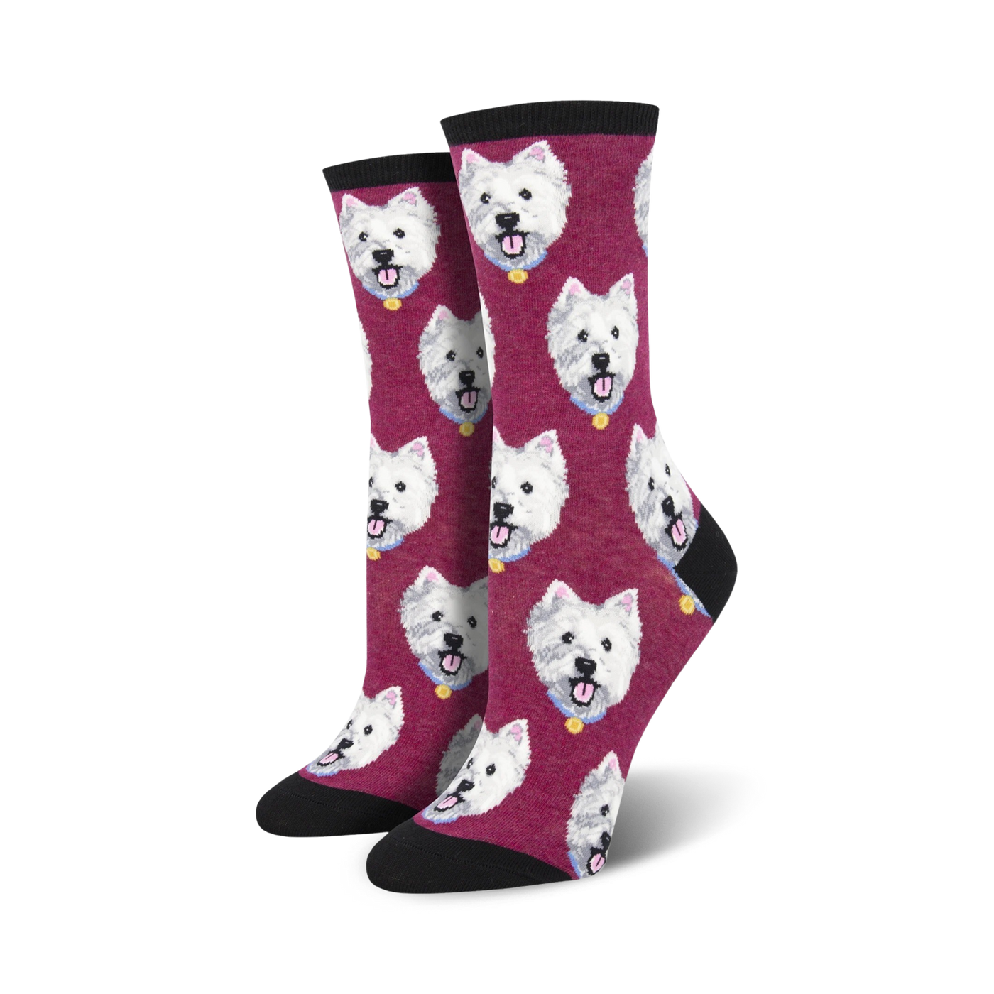 A pair of women's crew socks in burgundy featuring a repeating pattern of West Highland White Terrier faces. 