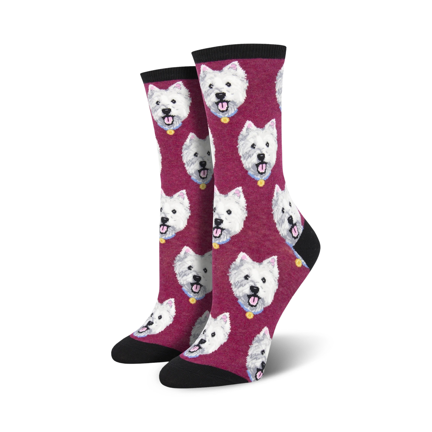 A pair of women's crew socks in burgundy featuring a repeating pattern of West Highland White Terrier faces. 