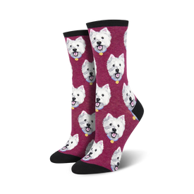 womens maroon crew socks featuring a pattern of west highland white terrier dogs facing forward with tags and mouths open.   