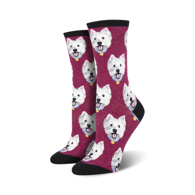 womens maroon crew socks featuring a pattern of west highland white terrier dogs facing forward with tags and mouths open.   