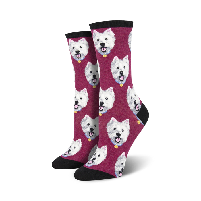 womens maroon crew socks featuring a pattern of west highland white terrier dogs facing forward with tags and mouths open.    }}