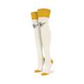 Pair of off-white knee-high socks with mustard yellow cuffs and a small, dark bee graphic on each sock.