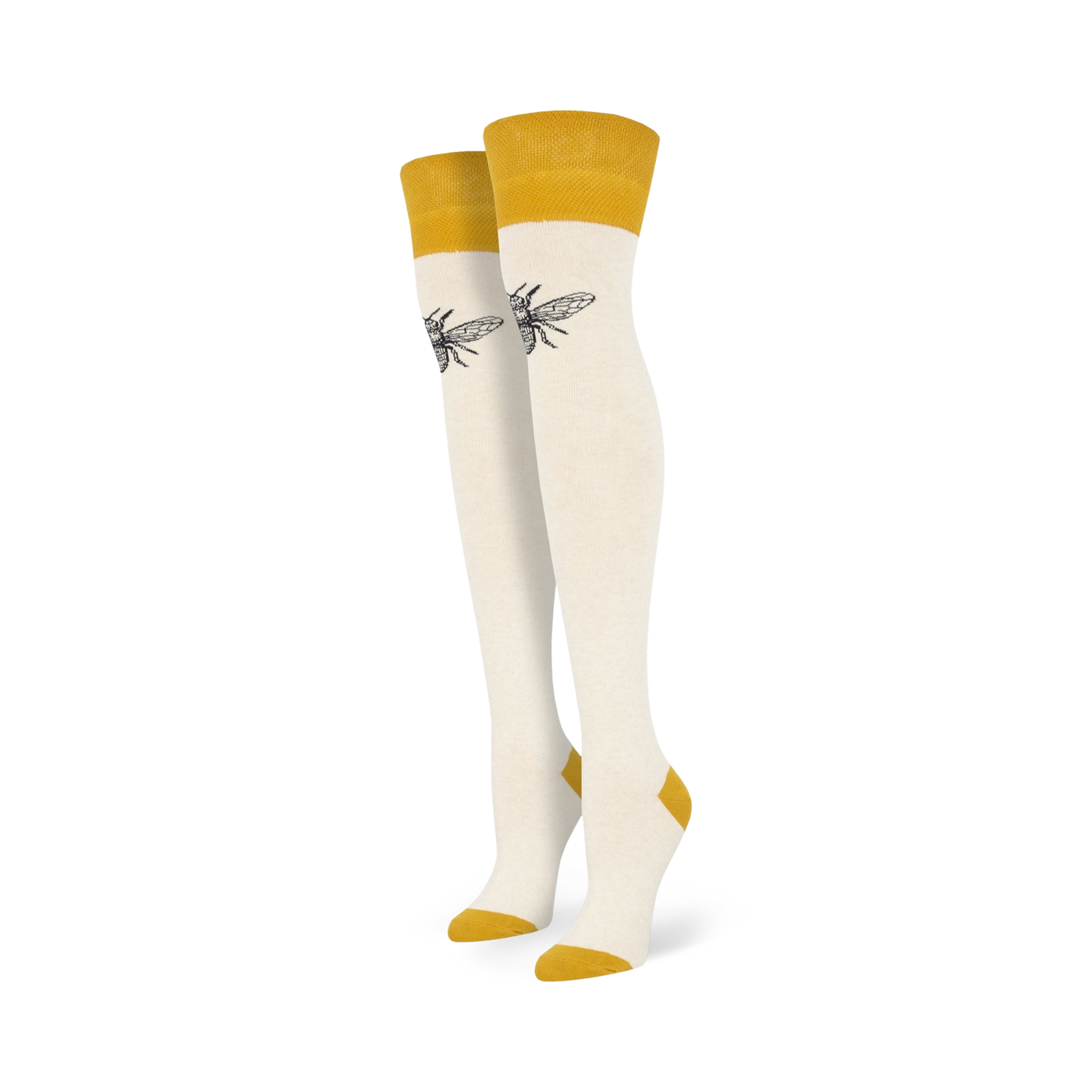 Pair of off-white knee-high socks with mustard yellow cuffs and a small, dark bee graphic on each sock.