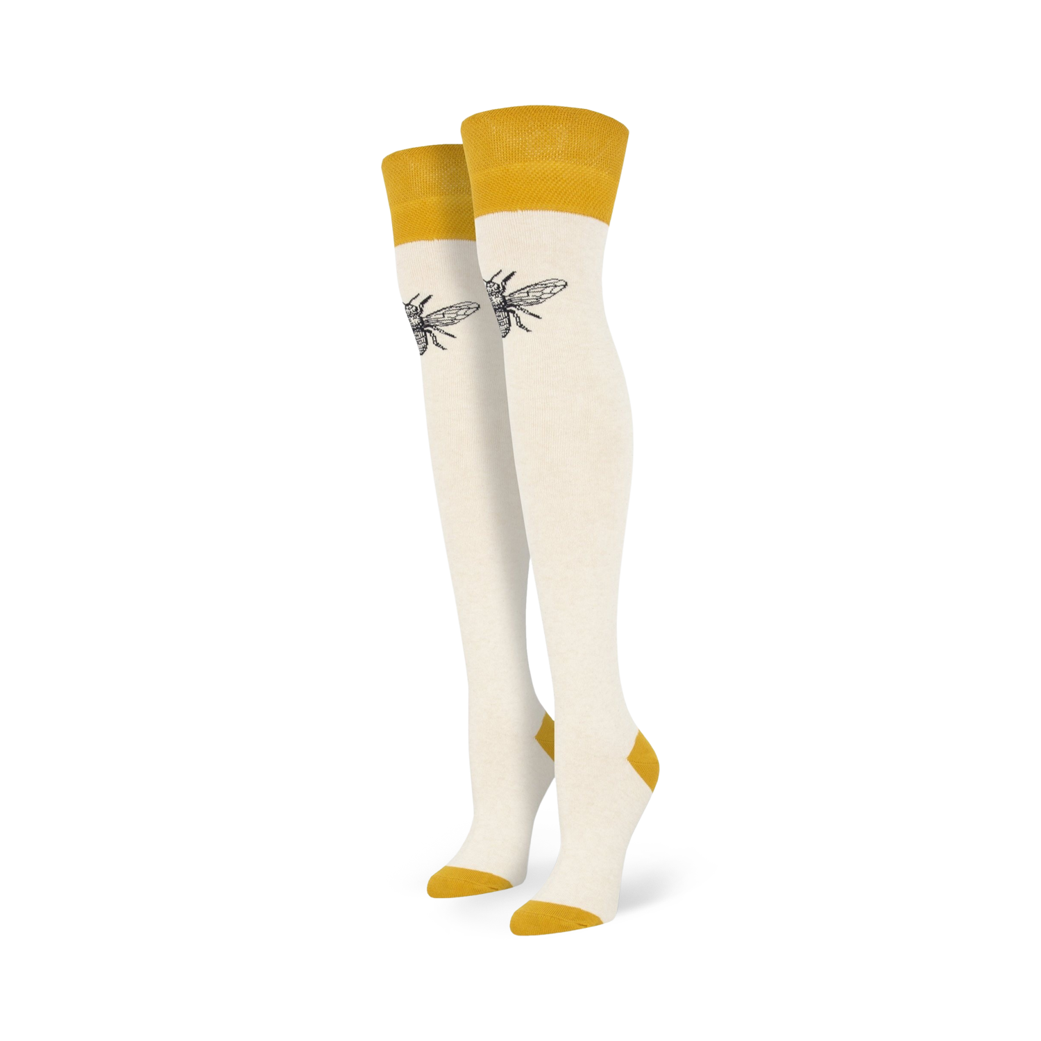 Pair of off-white knee-high socks with mustard yellow cuffs and a small, dark bee graphic on each sock.