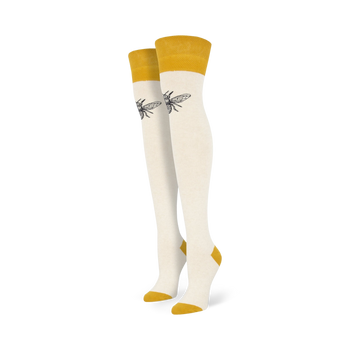 white socks with yellow band and black bee graphic. for women. over-the-knee length.   