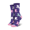 Pair of purple crew socks with a pattern of pastel pink, mint green, and white unicorns. Soft bamboo blend.