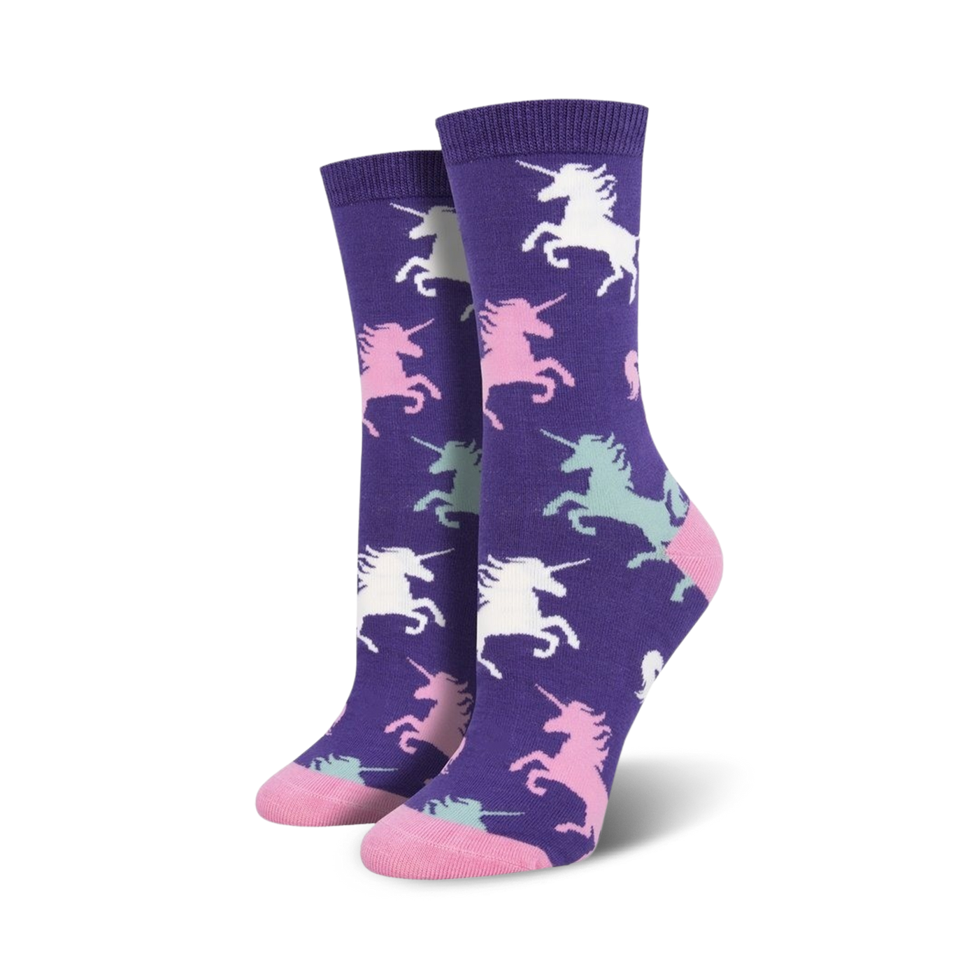 Pair of purple crew socks with a pattern of pastel pink, mint green, and white unicorns. Soft bamboo blend.