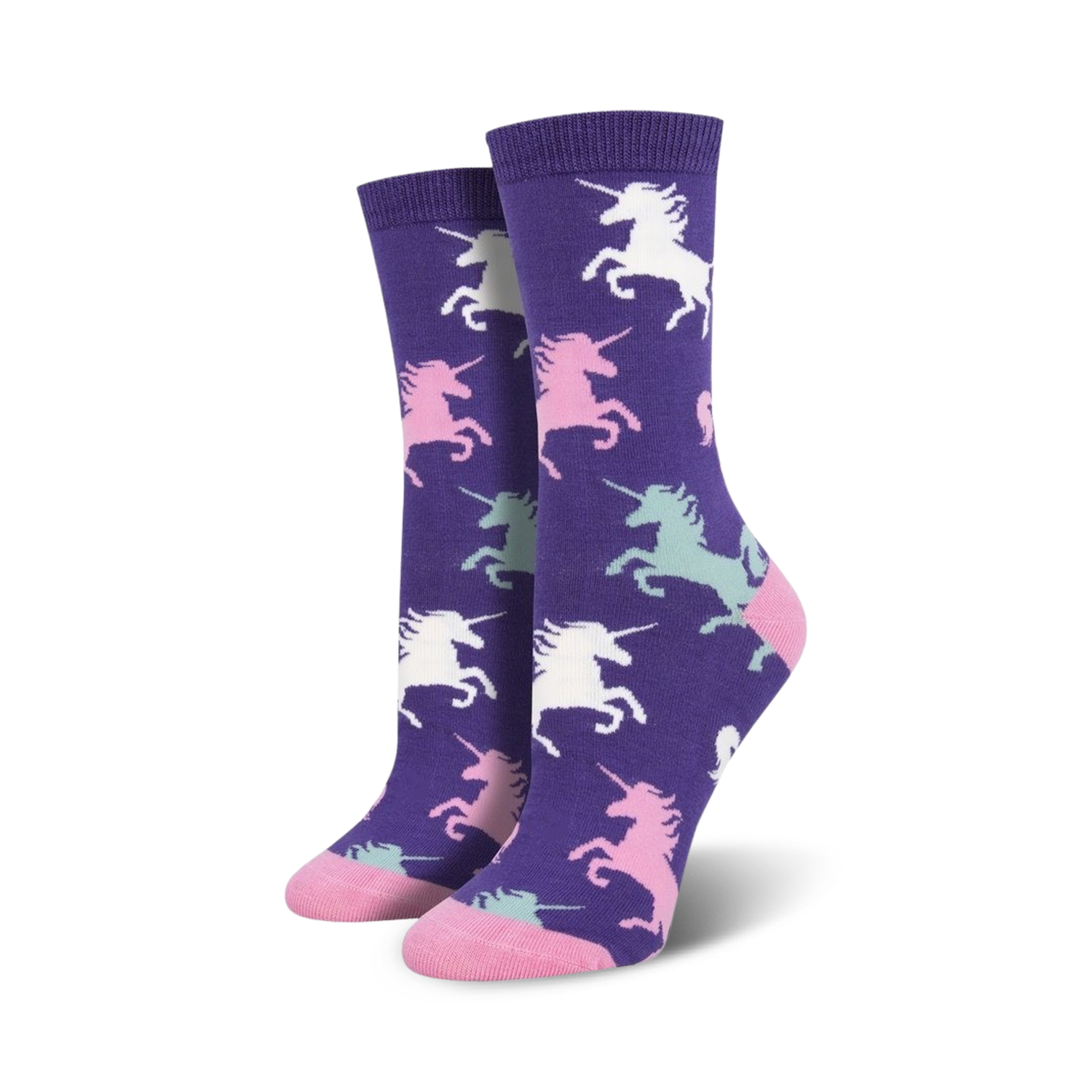 Pair of purple crew socks with a pattern of pastel pink, mint green, and white unicorns. Soft bamboo blend.